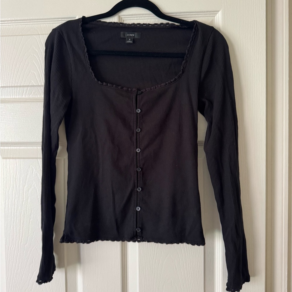 J.Crew Scoopneck Lace Trim Henley Black Size S